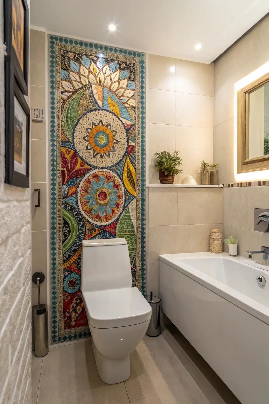 A tile mosaic adds a luxurious and artistic element behind the toilet.