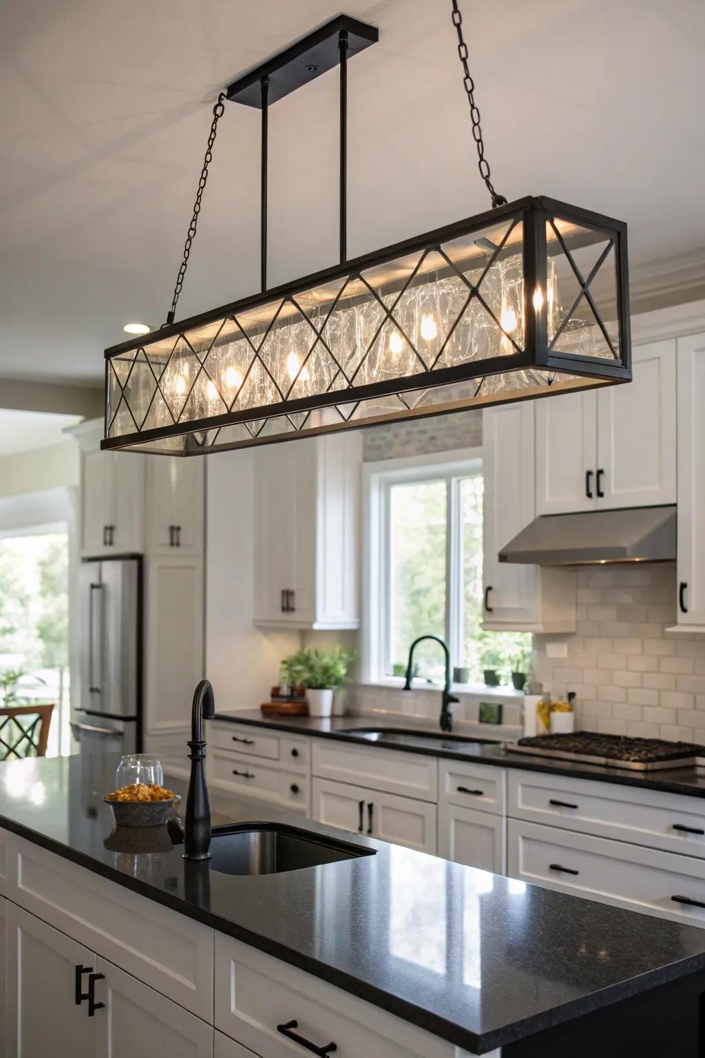 Linear light fixtures balance style and utility in a kitchen.