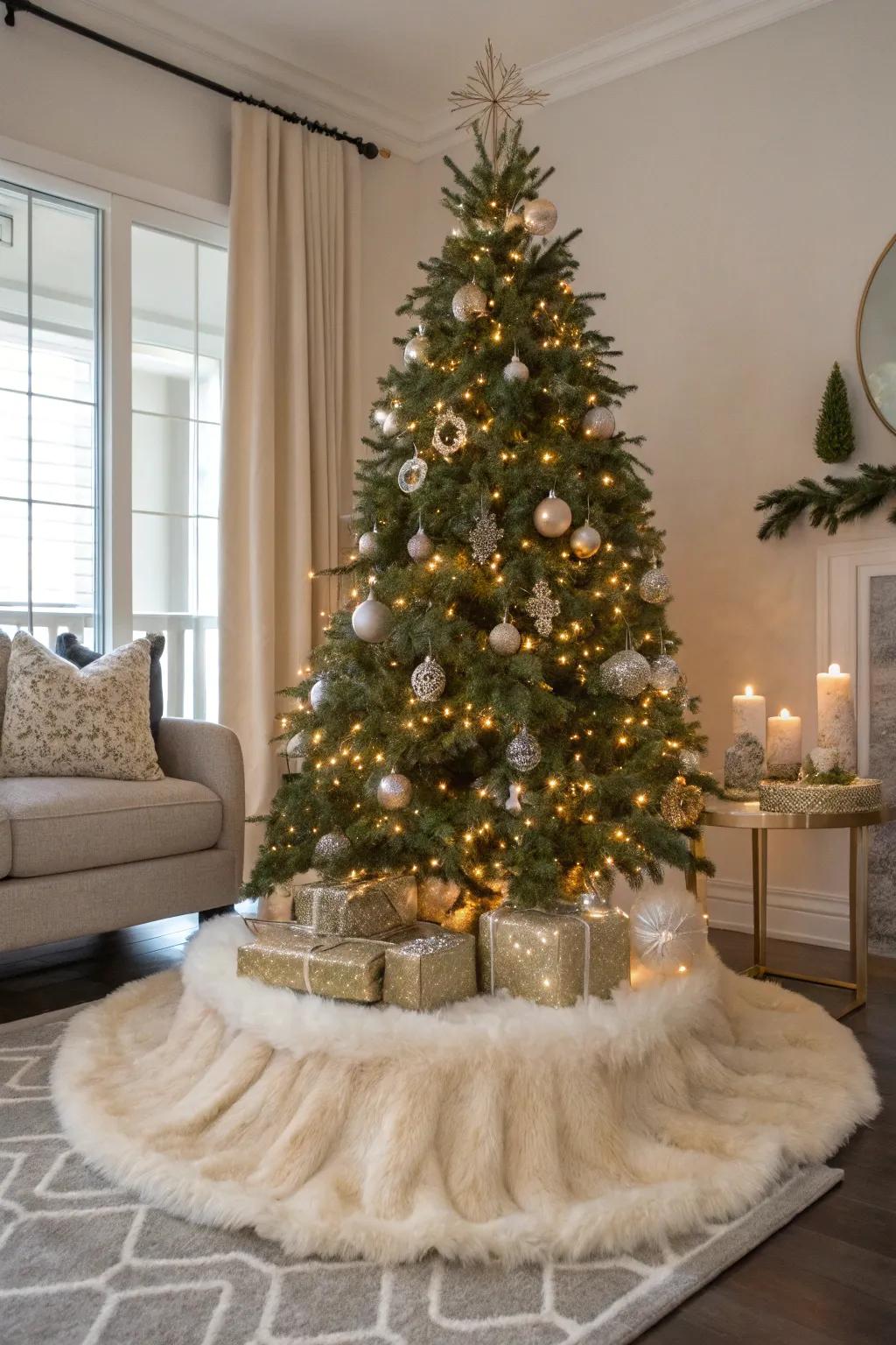 A faux fur cover adds elegance and warmth to your tree setup.