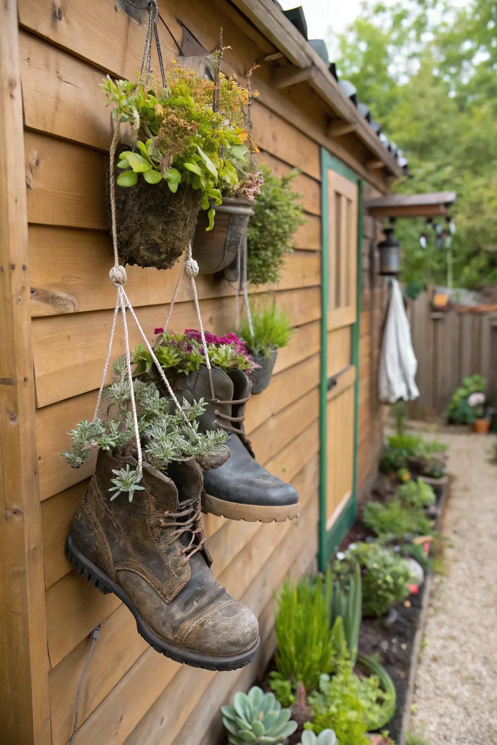 Old footwear adds a quirky, playful touch as planters.