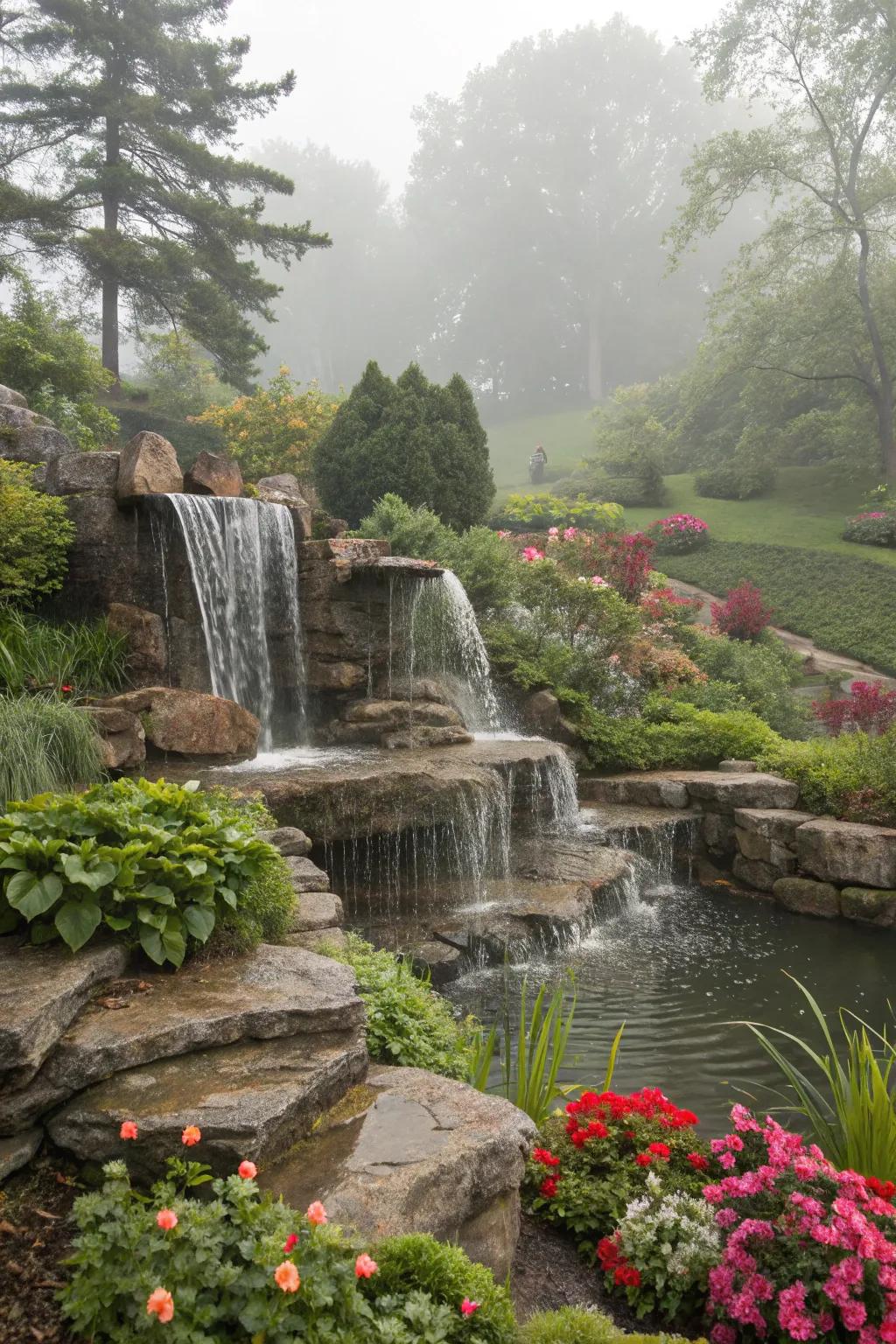 A tiered stone waterfall brings the beauty of nature to your backyard.