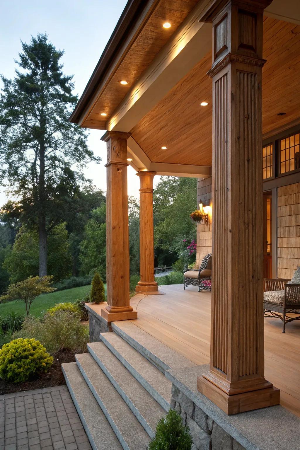 Cedar wood columns enhance warmth and natural beauty