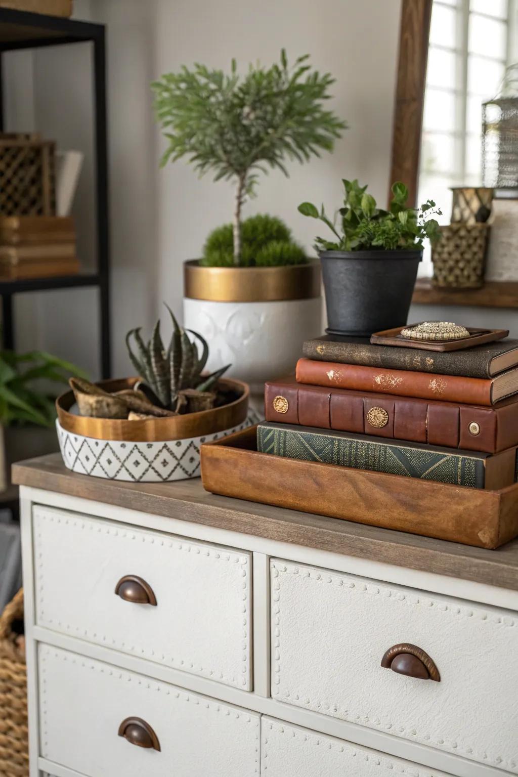 Layering decor on a dresser creates a dynamic and visually interesting nightstand.