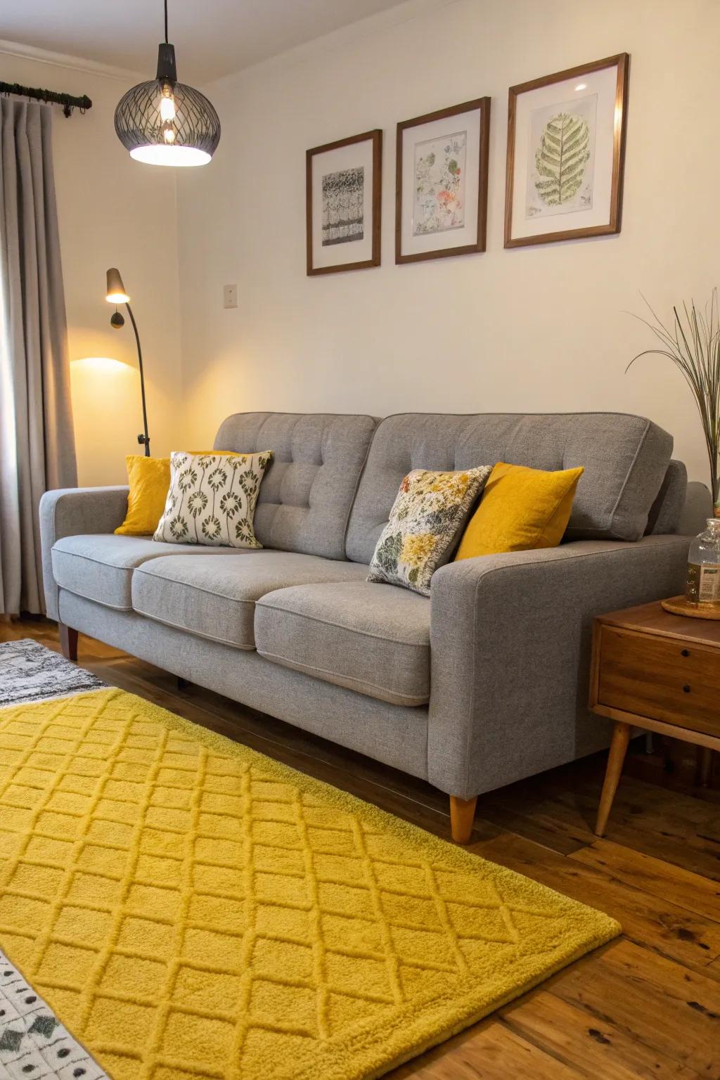 Yellow rugs add a sunny, playful accent to a grey couch.