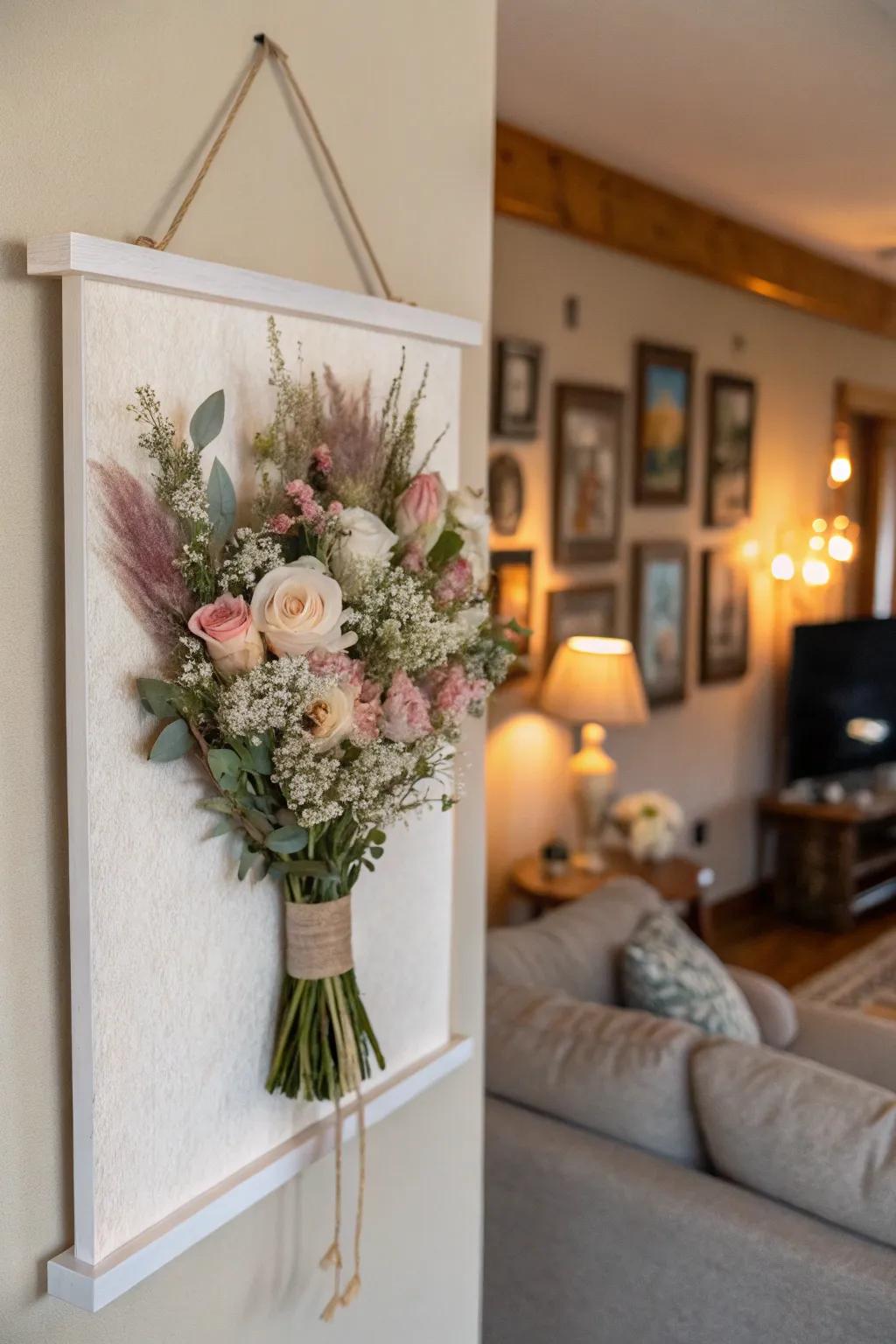 A canvas featuring a dried flower arrangement from a wedding bouquet, adding elegance to a living room wall.