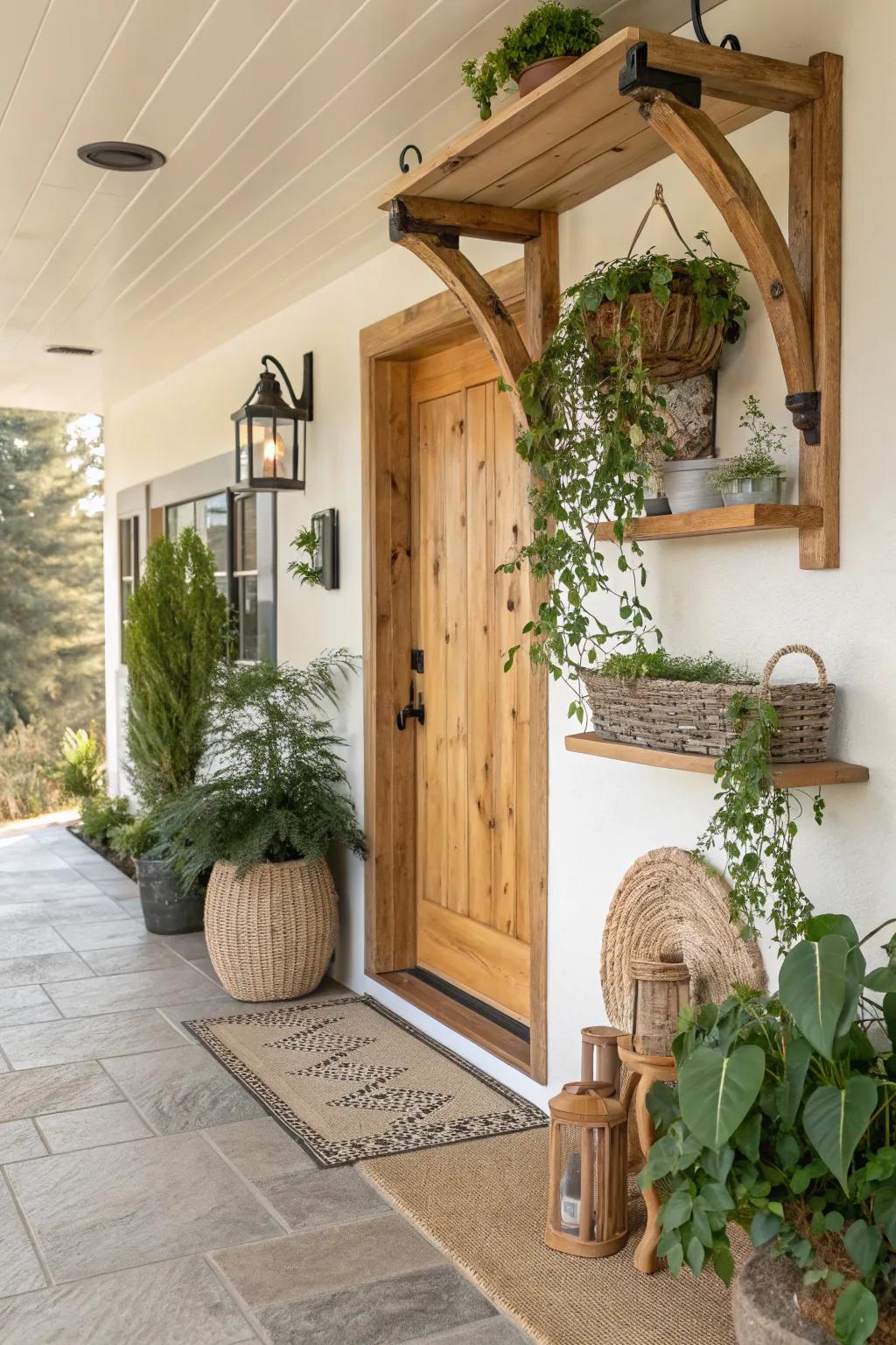 Nature-inspired wooden shelf brackets bring the outdoors in.