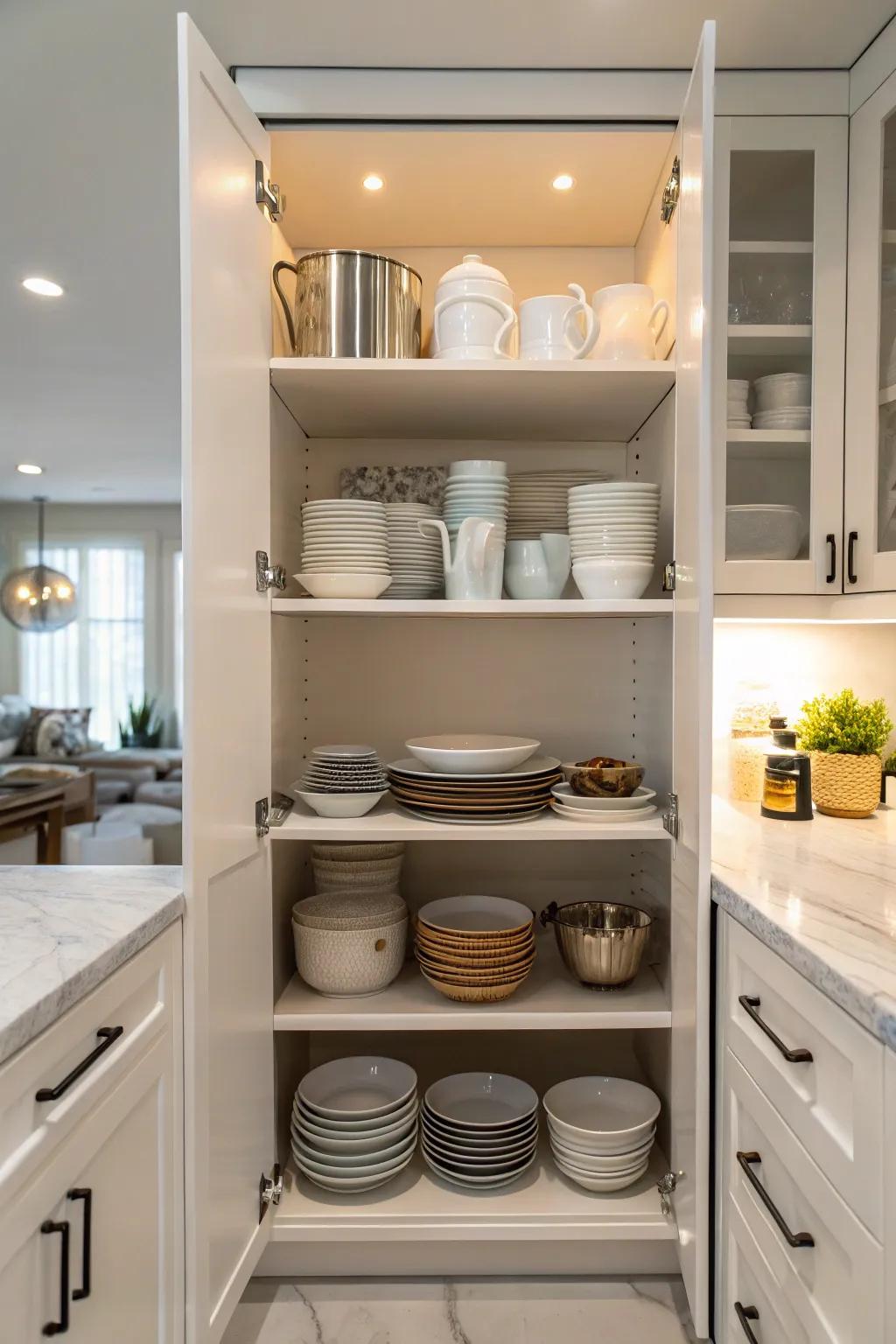 Stackable shelves help maximize cabinet space efficiently.