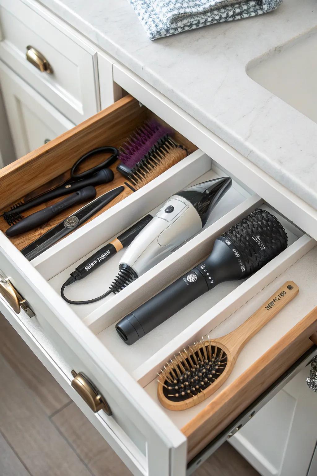 A bathroom drawer designated for organizing hair care tools and products.