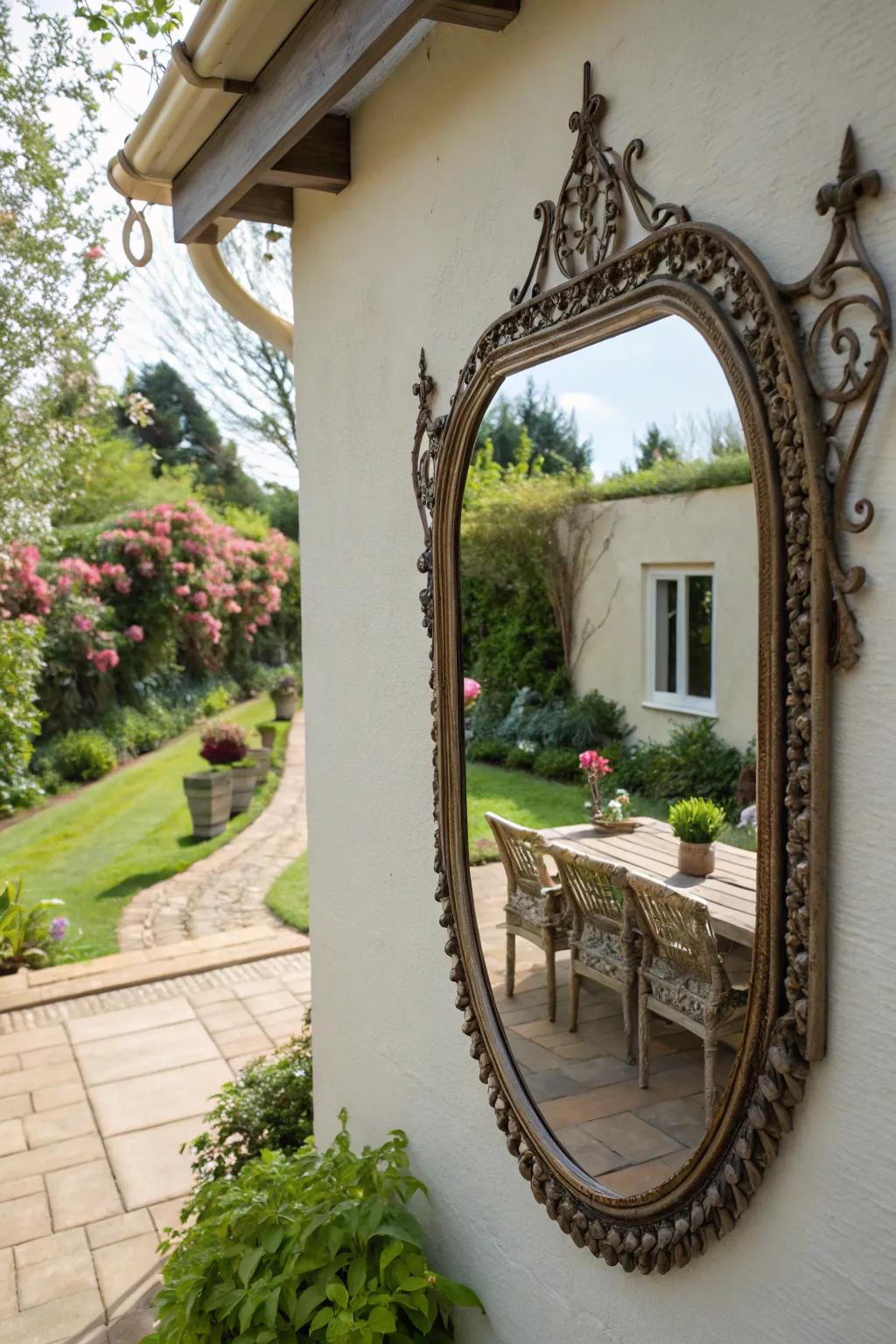 A decorative mirror adds elegance to outdoor patio settings.