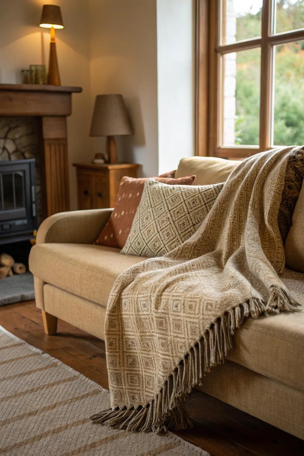 Handwoven textiles add warmth and texture to the decor.