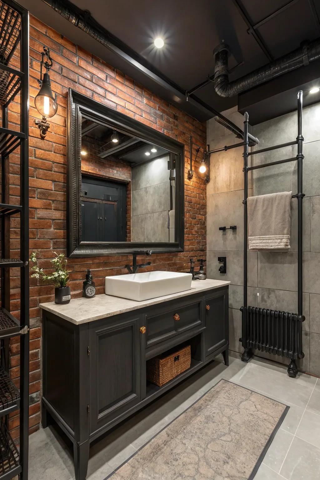 A bold mirror serves as the centerpiece of the industrial bathroom.