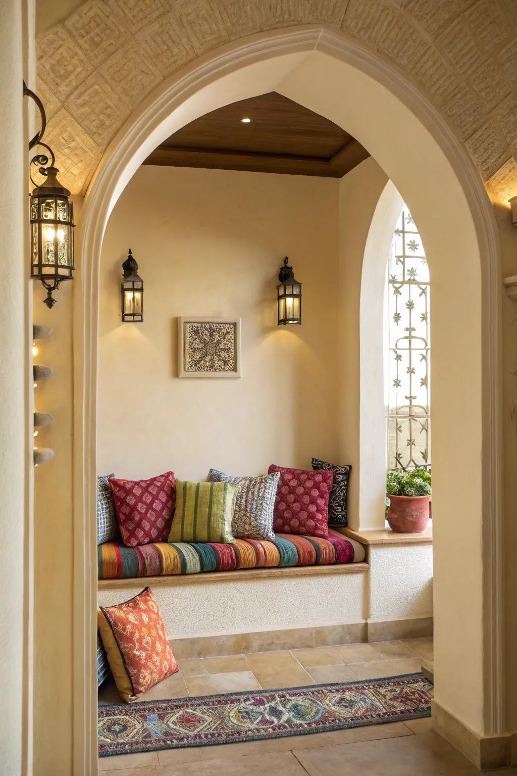 A cozy built-in bench nestled under an archway, perfect for relaxation.