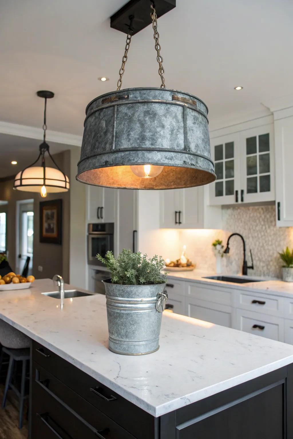 A galvanized bucket becomes a striking light fixture.