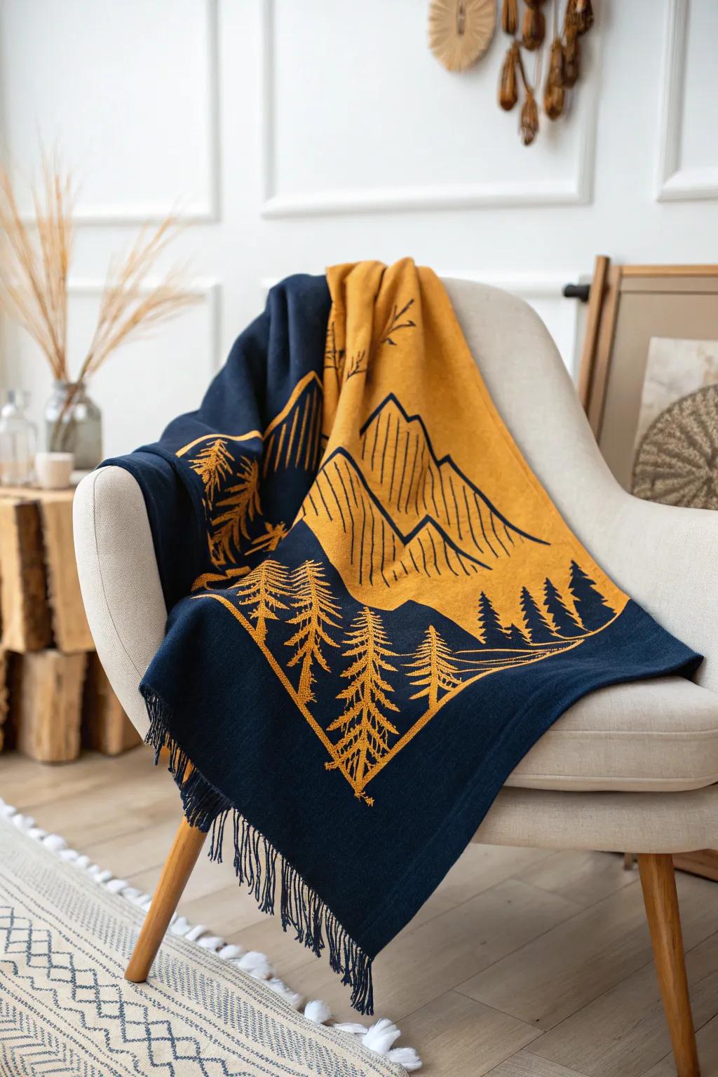 Wrap yourself in warmth with this beautifully crafted throw blanket, featuring a stunning mountain motif for those chilly nights.