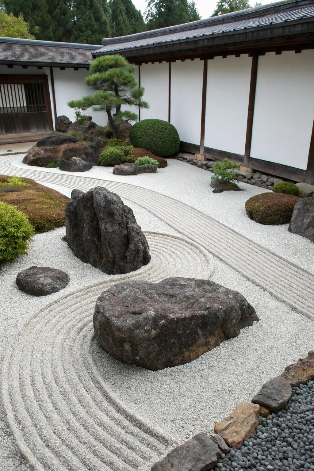 Contrasting elements in a serene zen garden.