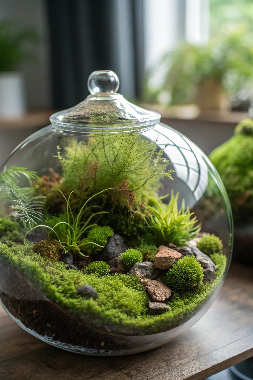 A stunning terrarium with java moss, adding a natural touch to indoor spaces.