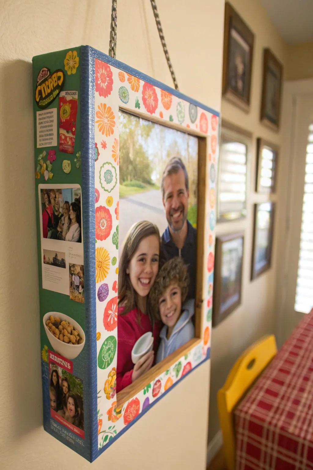 Create personalized picture frames from recycled cereal boxes.