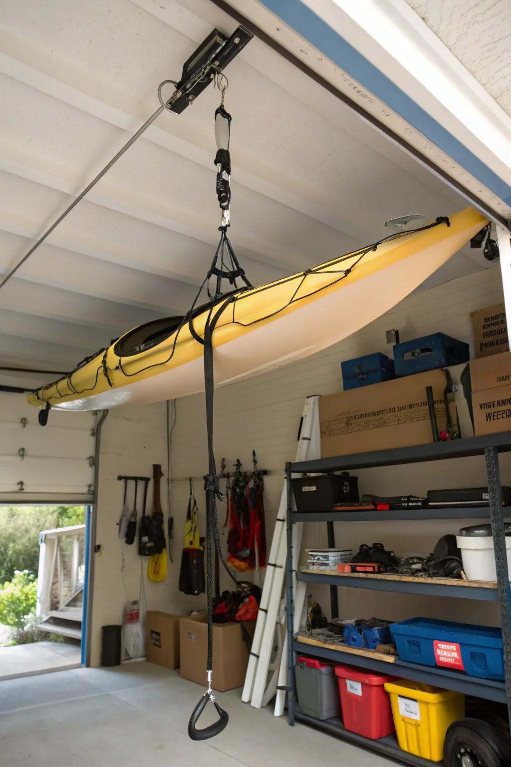 Space-saving kayak storage with a garage ceiling pulley system.