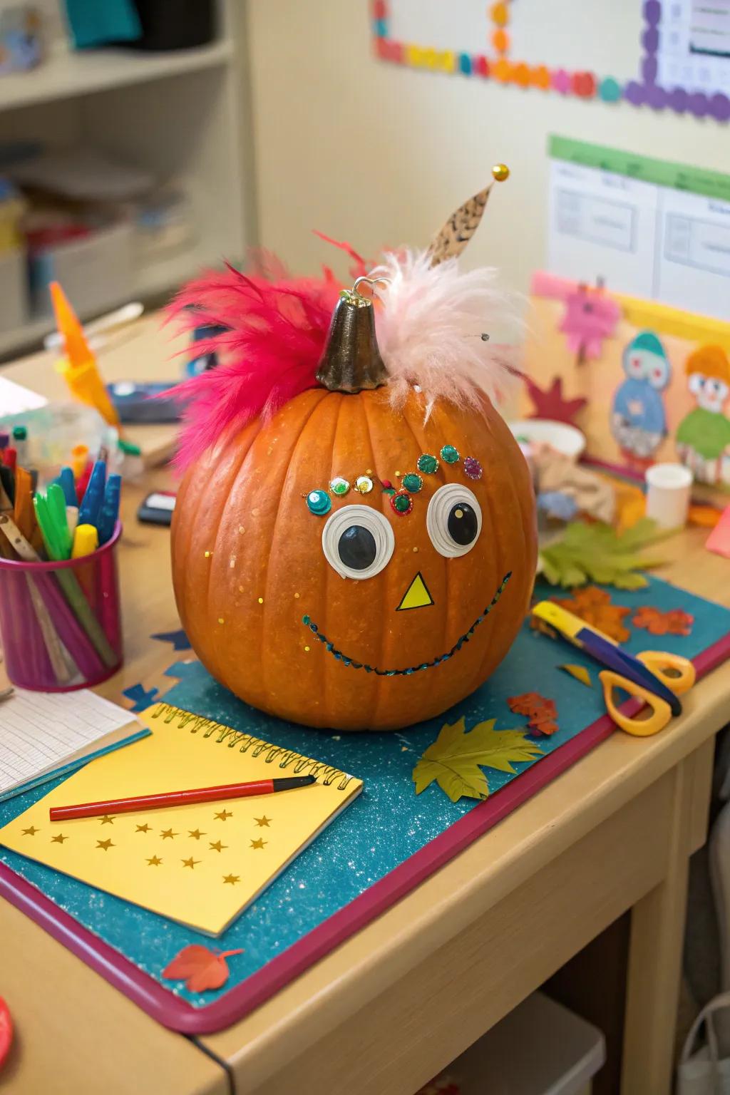 Clay creations add a personal touch to this pumpkin.