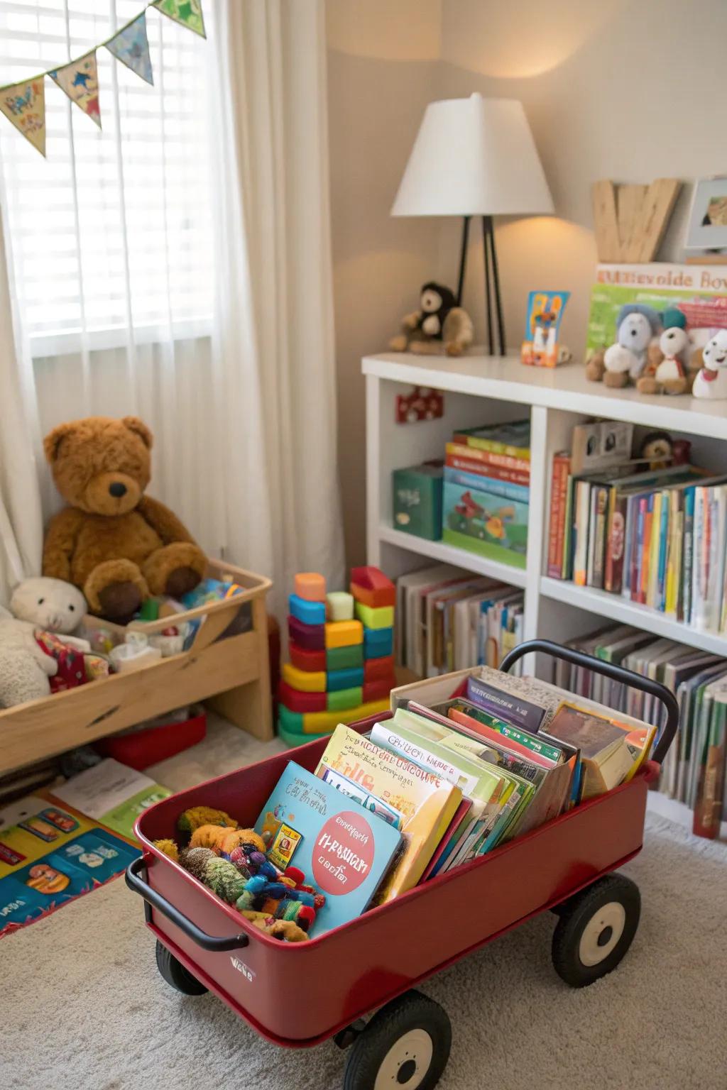 A wagon offers a playful and mobile book storage solution.