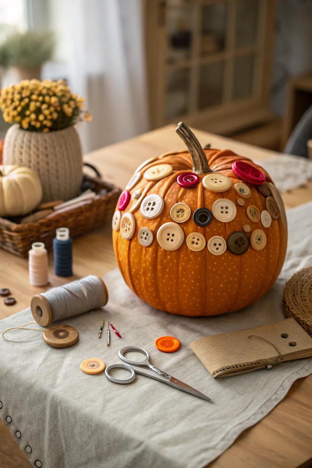 A button-embellished pumpkin, showcasing creativity and charm.