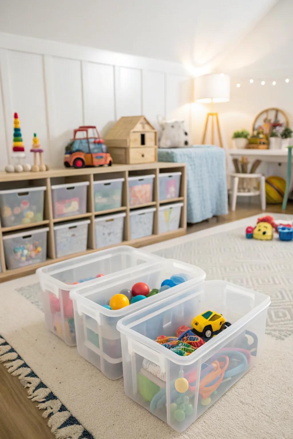 Clear bins make organizing small items simple and functional.