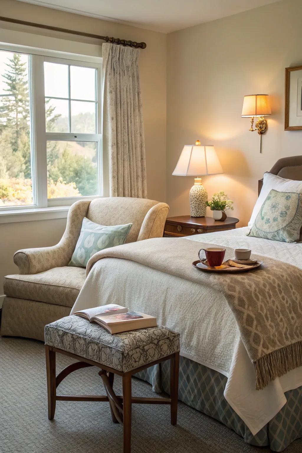 A reading nook adds charm and functionality to this king bed setup.