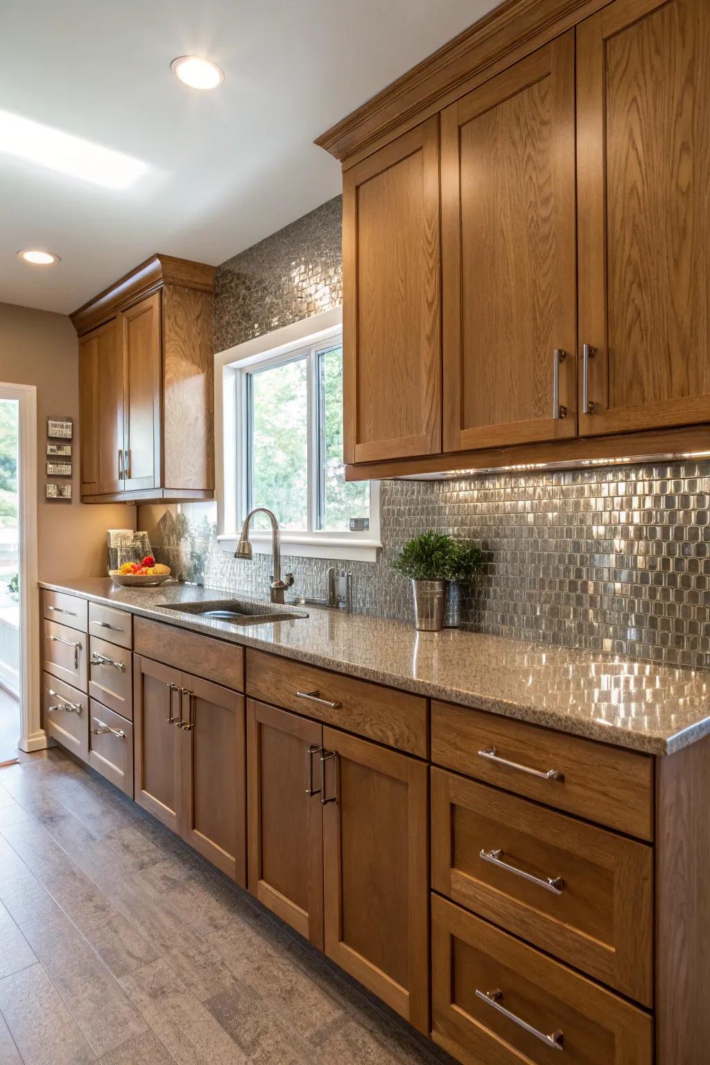 Metallic tiles adding a glamorous touch to the kitchen.