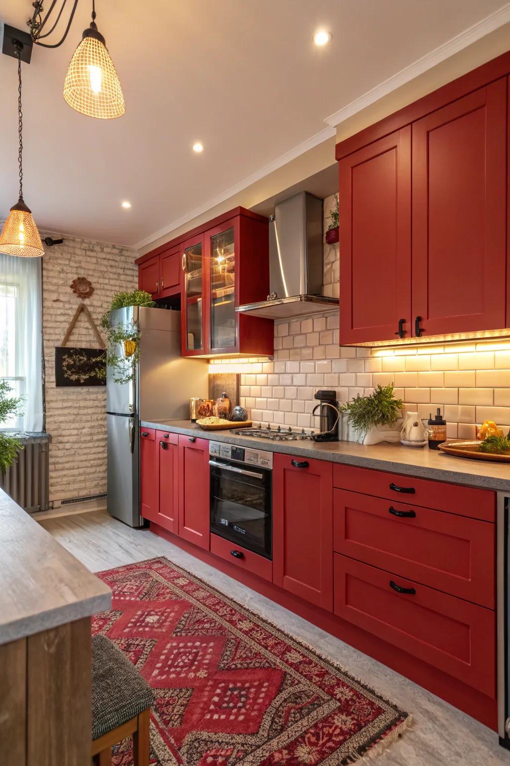 Vibrant red cabinets add warmth and energy to the kitchen.