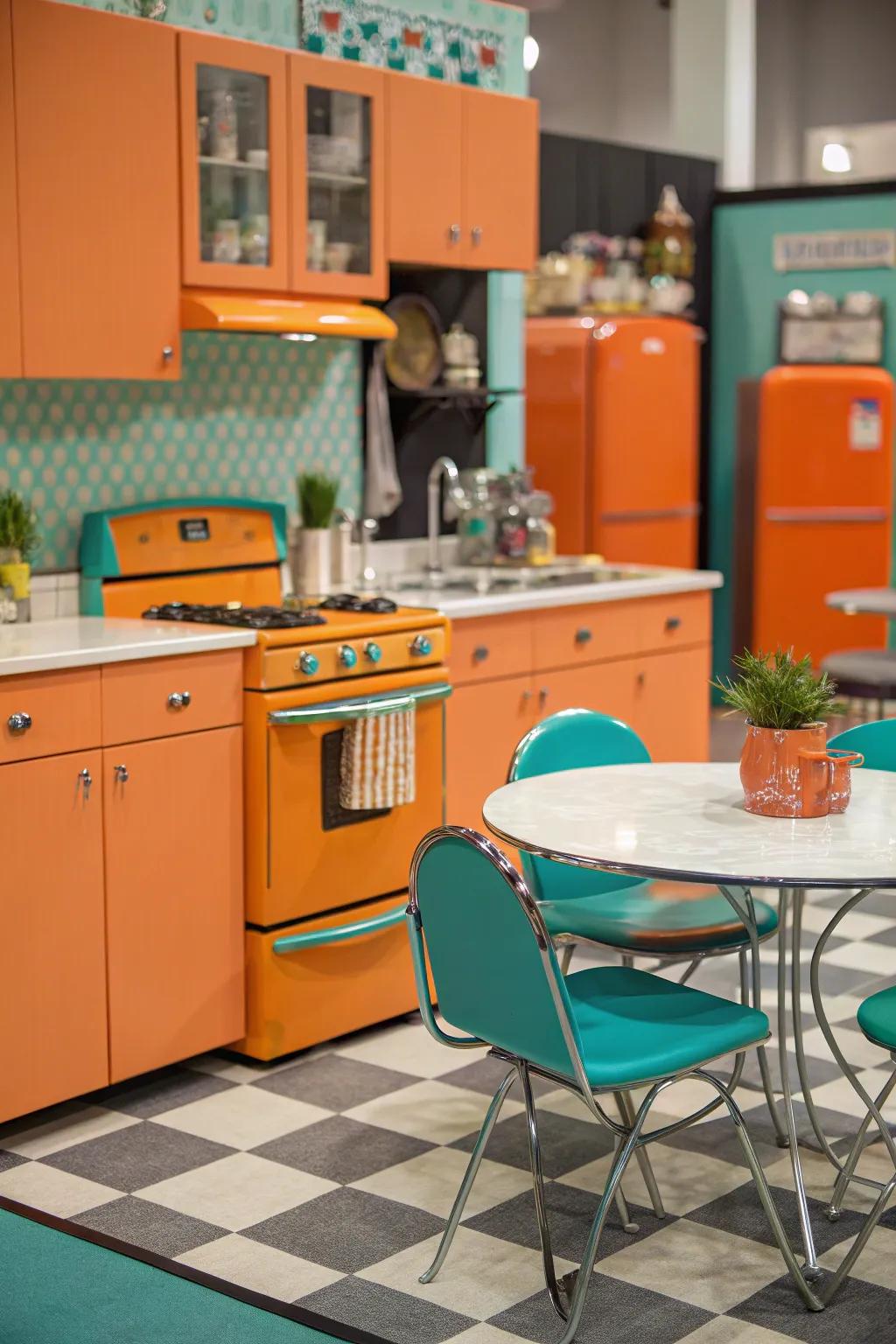 Retro orange and teal bring a playful touch to this kitchen.