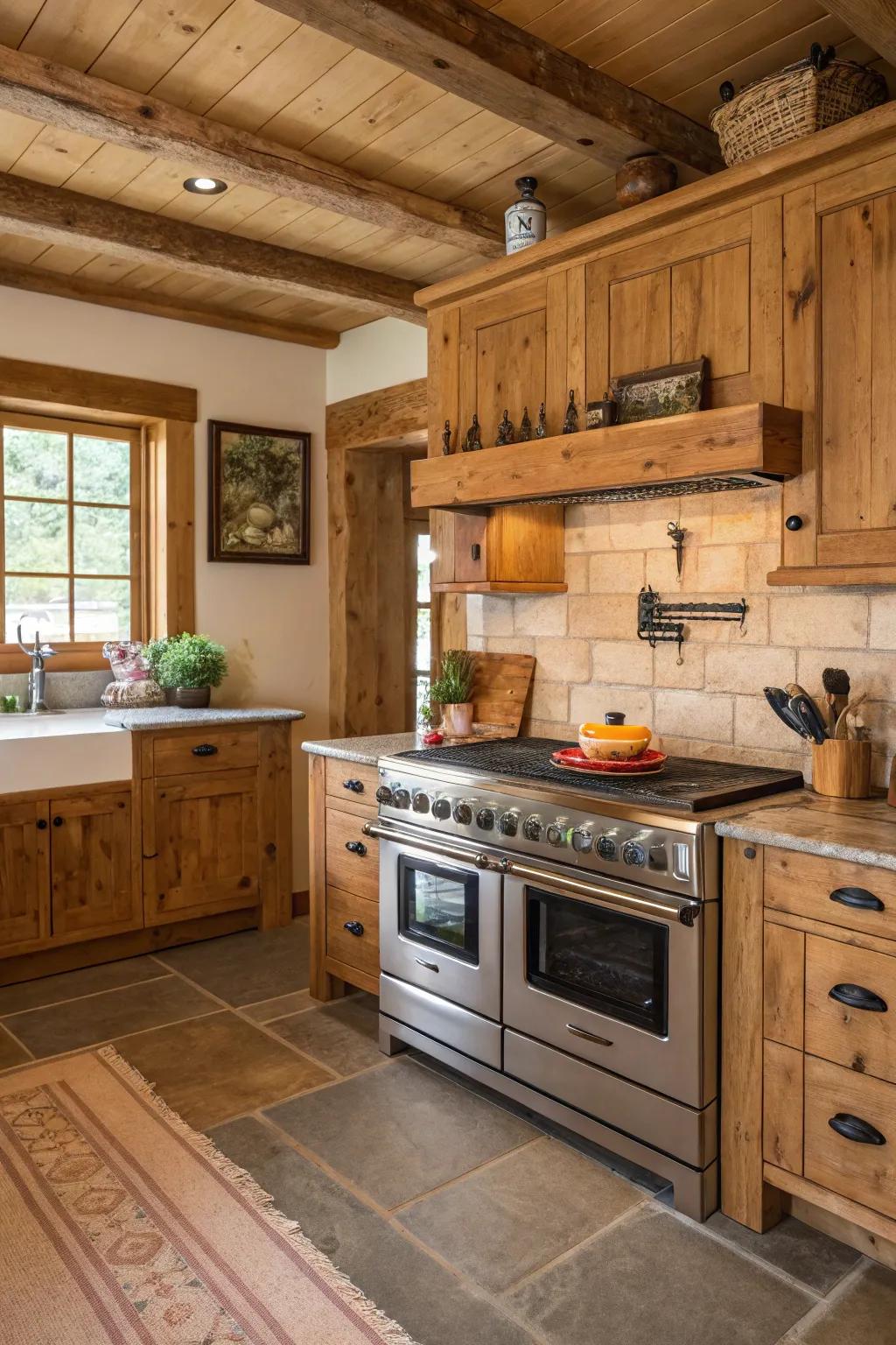 Double ovens bringing modern convenience to a rustic kitchen setting.