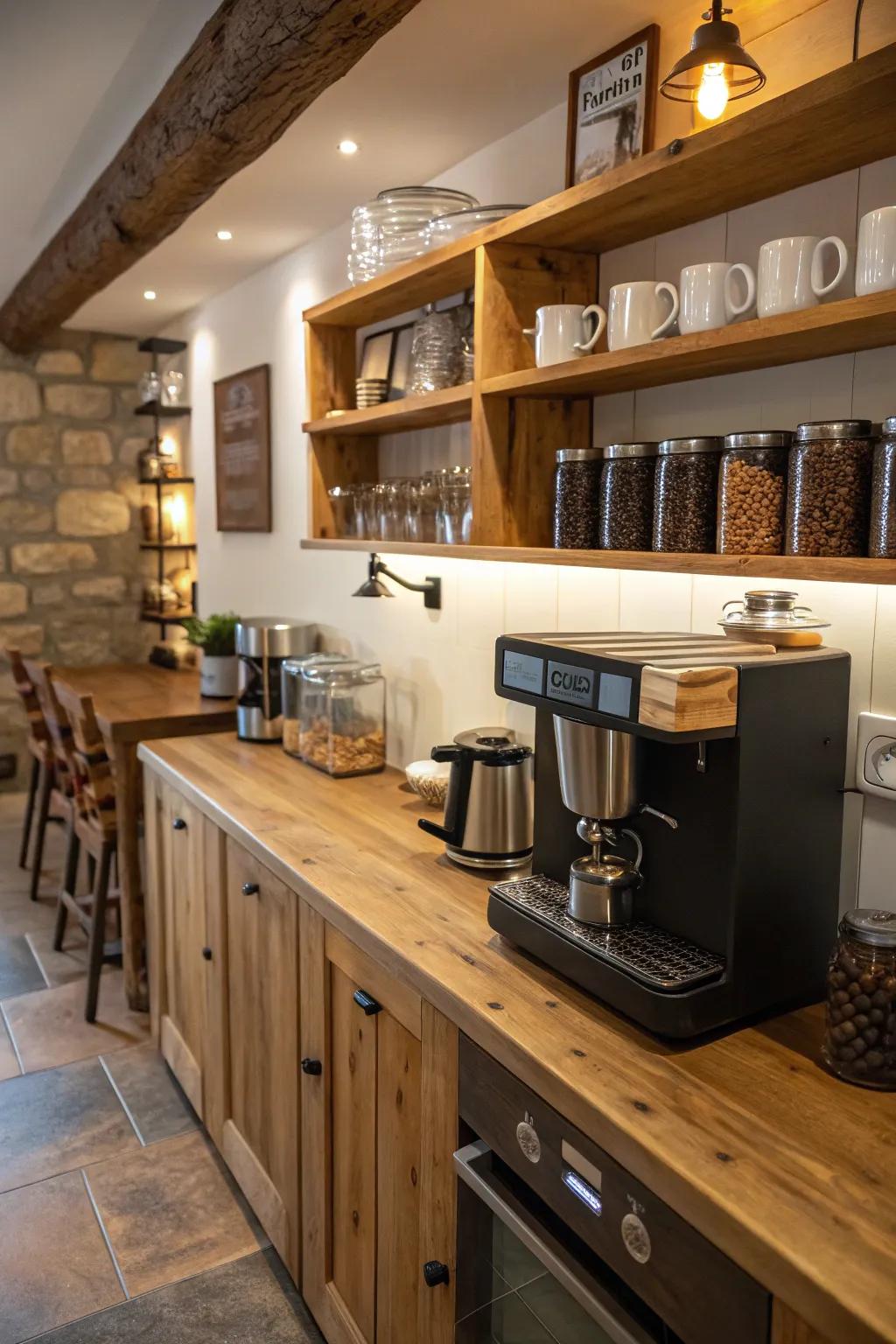 A coffee station adds a personal touch for coffee enthusiasts.