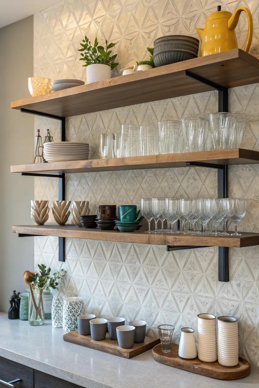 Floating shelves add character and storage to kitchen walls.