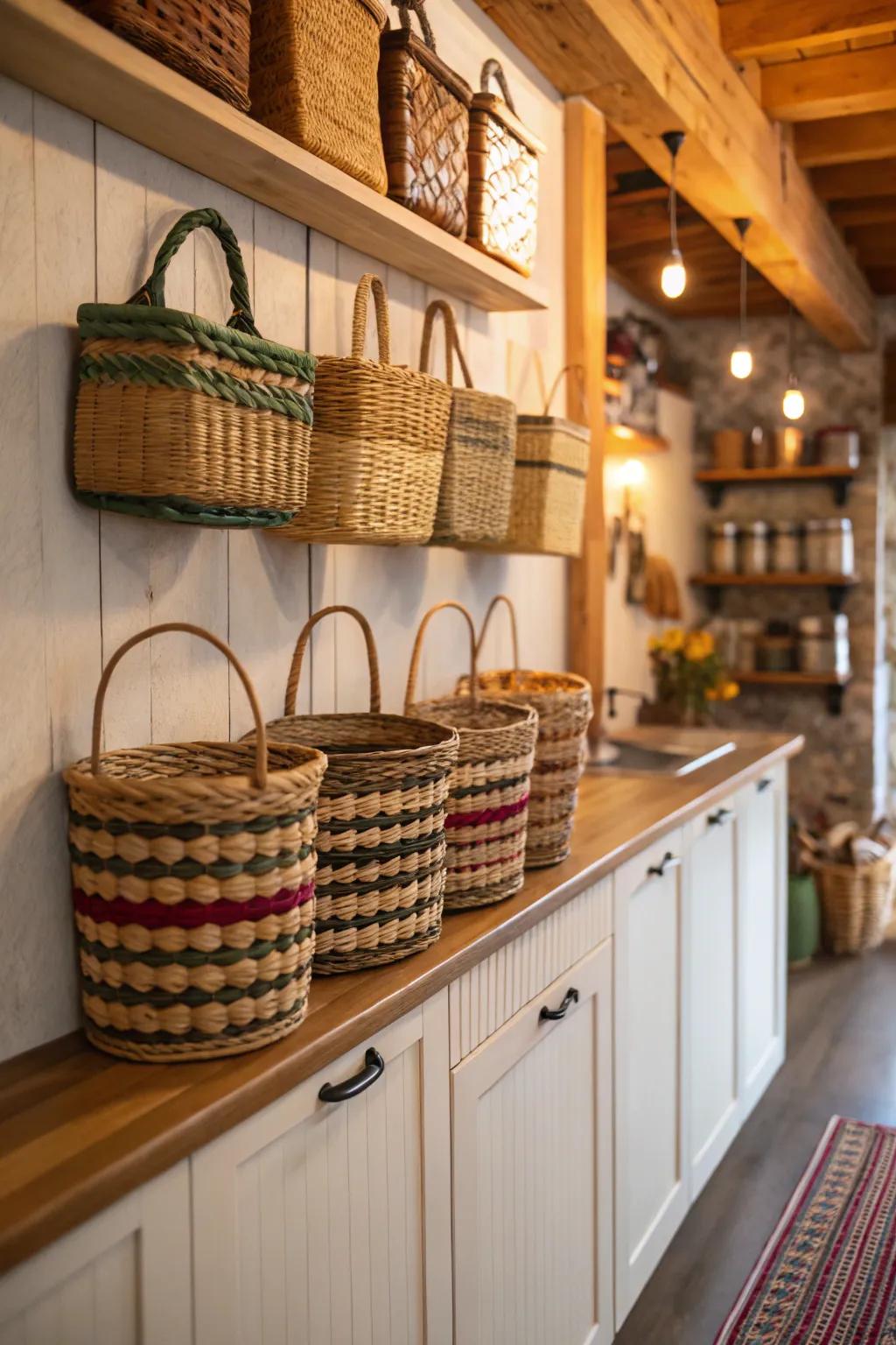 A gallery of baskets adds texture and warmth to the kitchen.