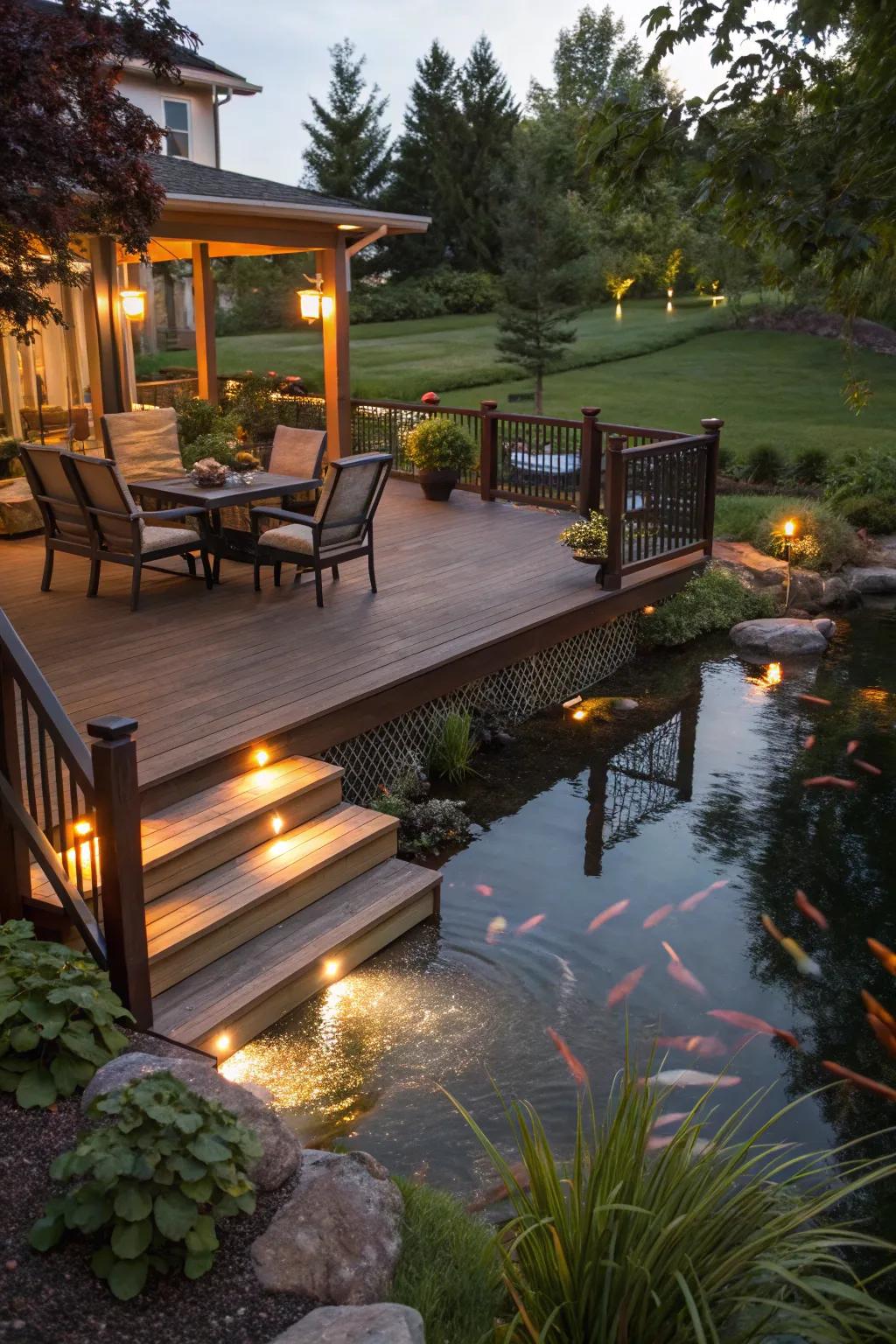 Deck lighting enhances the transition between the pond and outdoor living spaces.