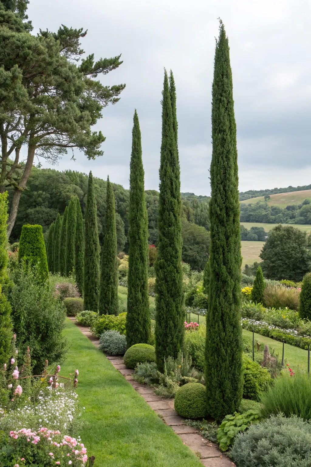 Arborvitae adding vertical interest to a diverse garden layout.