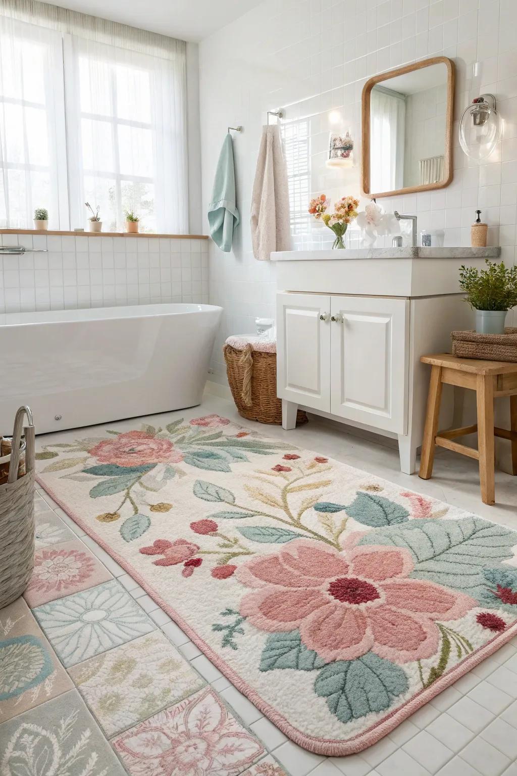 Floral rugs add a fresh, playful touch to bathroom decor.