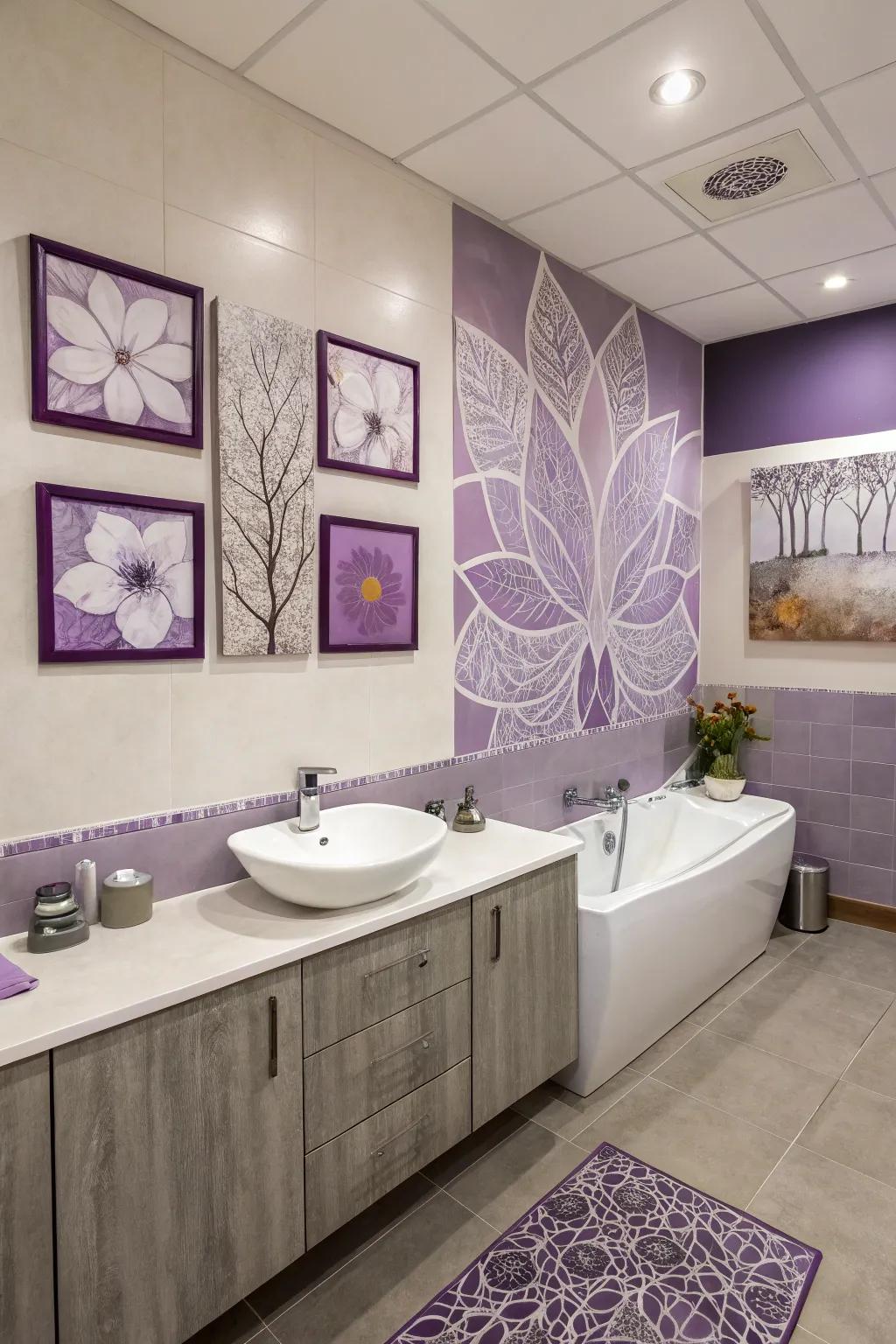 Lavender art pieces add personality and color to bathroom walls.