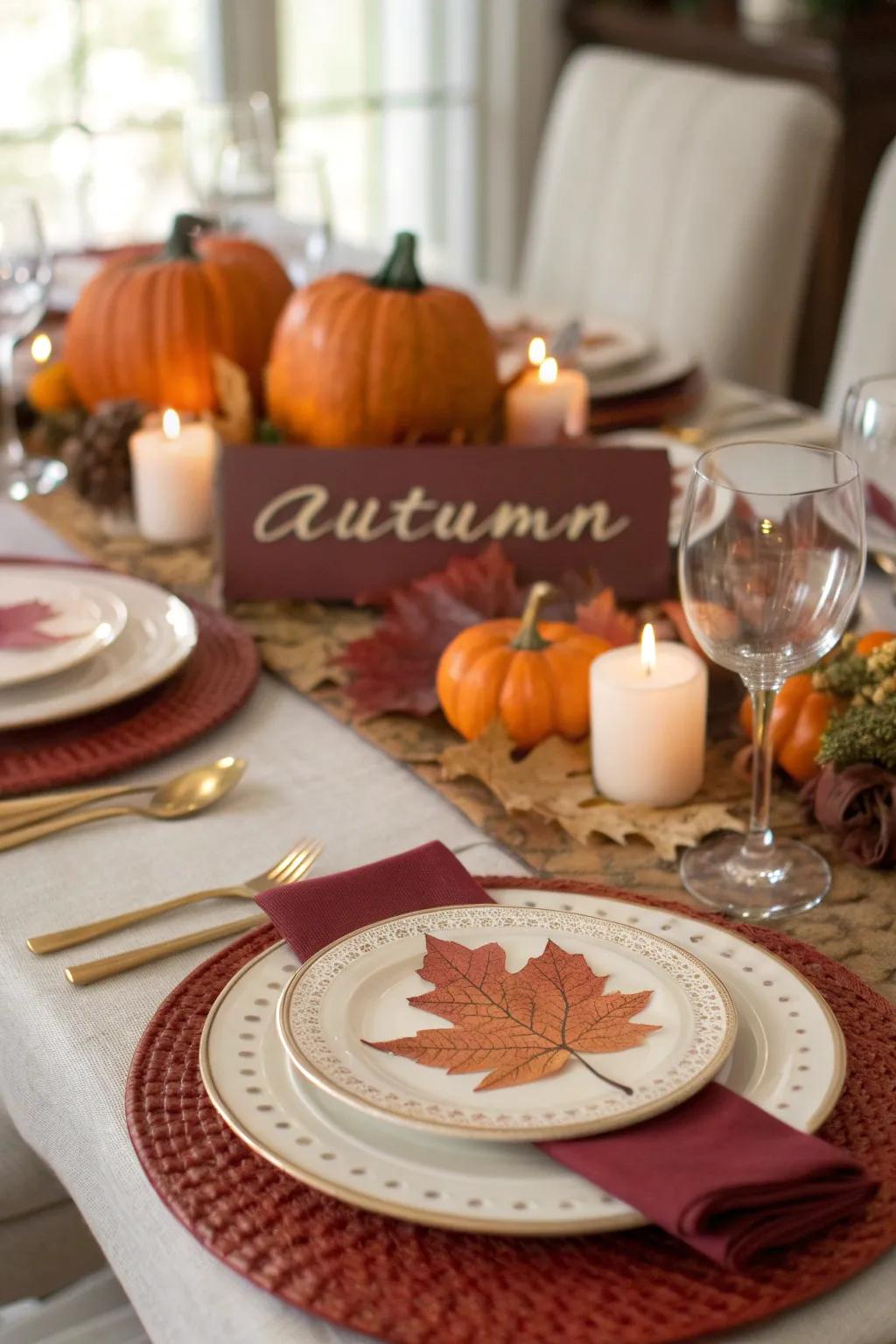 Rustic leaf place cards adding charm to the autumn table.