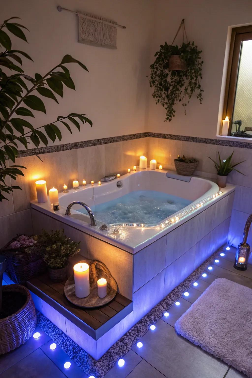 LED lighting transforms bathtubs into serene retreats.