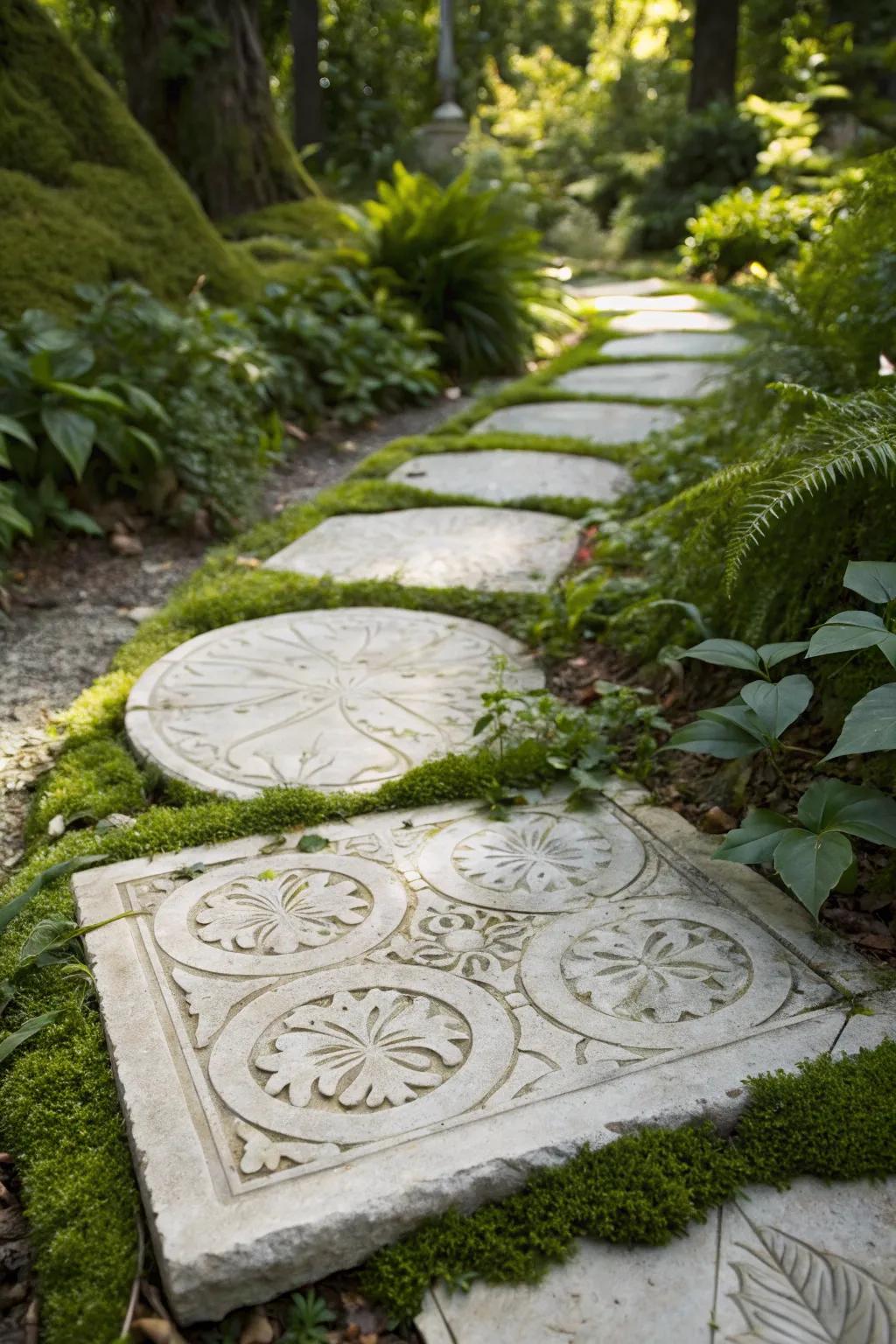 Whimsical garden elegance: Marble stepping stones that blend durability with artistry.