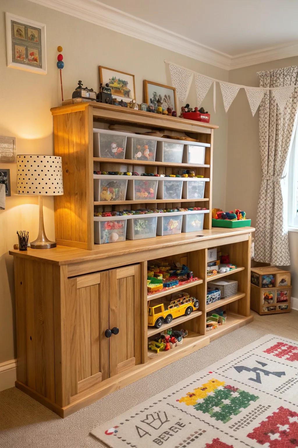 Charming Lego storage with a wooden hutch.