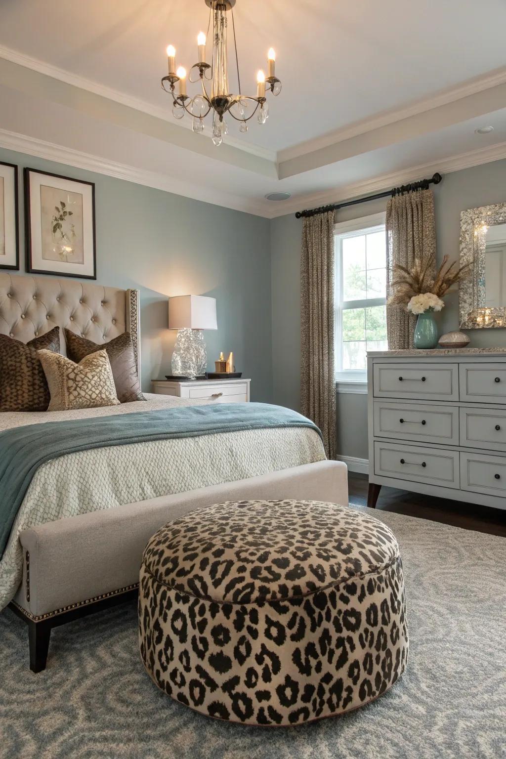 A leopard print ottoman offers style and versatility in bedroom decor.