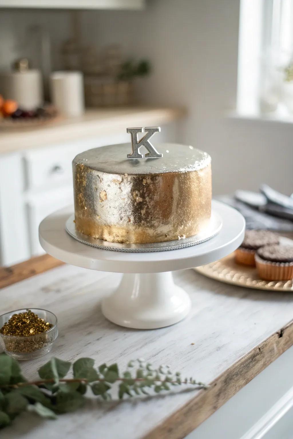 Elevate your dessert table with this Metallic Marvel K Cake – where modern edge meets minimalist elegance!