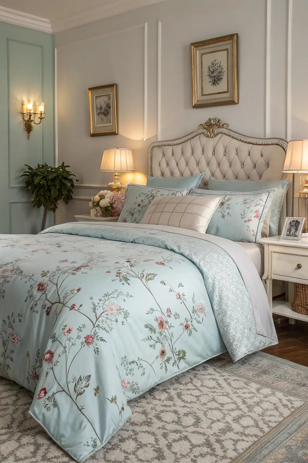 Elegant floral patterns in light blue add a romantic touch.