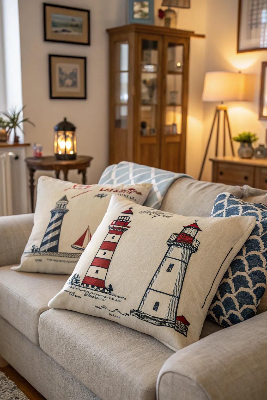 Lighthouse pillows add nautical charm to any seating arrangement