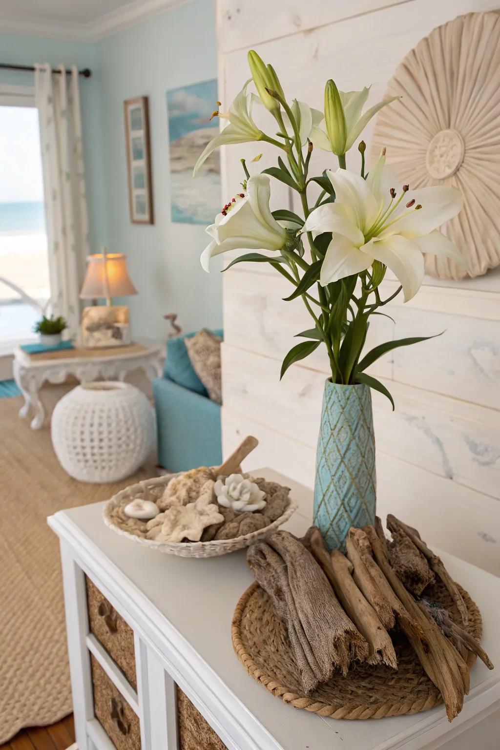 Coastal charm with lilies and driftwood.