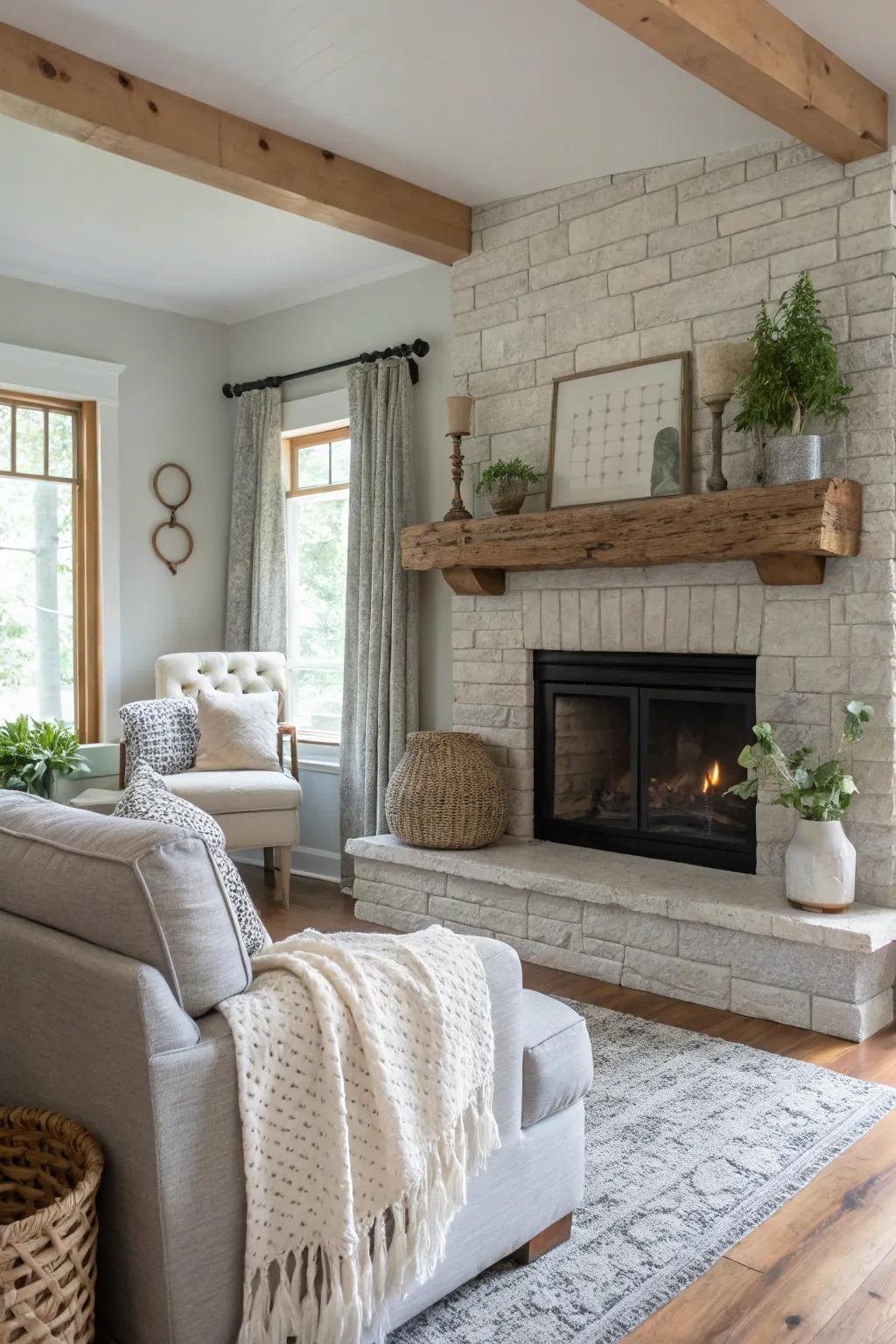 A cottage-style living room with a gray live edge mantel and calming decor.