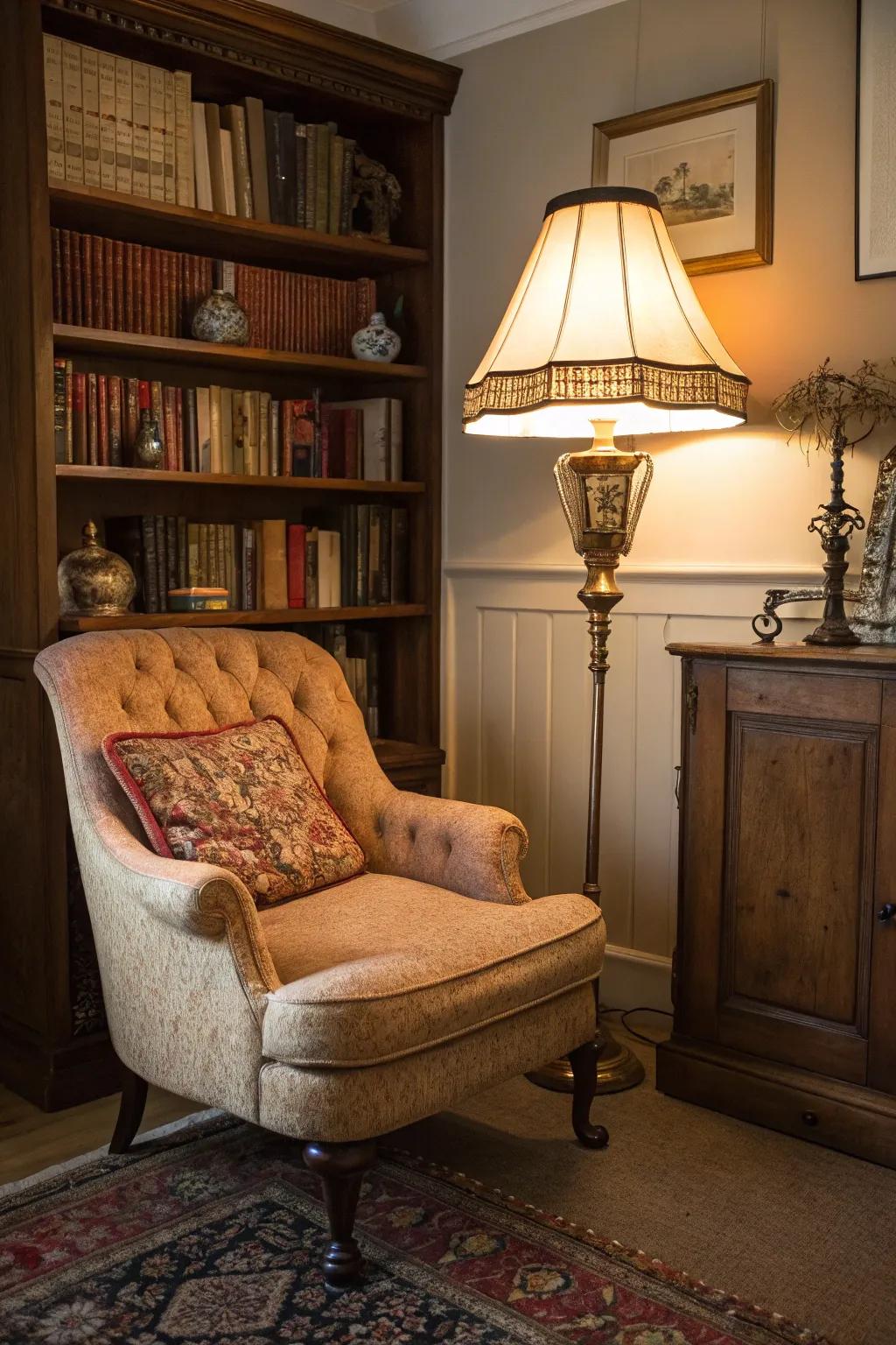 A charming nook with vintage finds adding character and warmth.