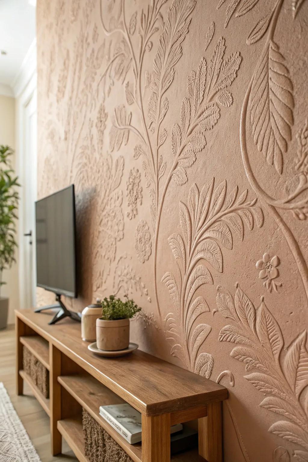 Transform your living room with the subtle elegance of textured plaster walls, where artistry meets simplicity.